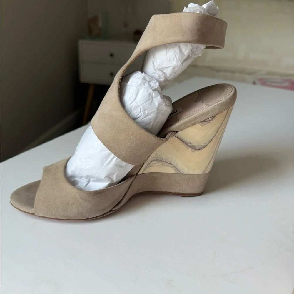 Miu Miu  Neutral Taupe Wedge Sandals